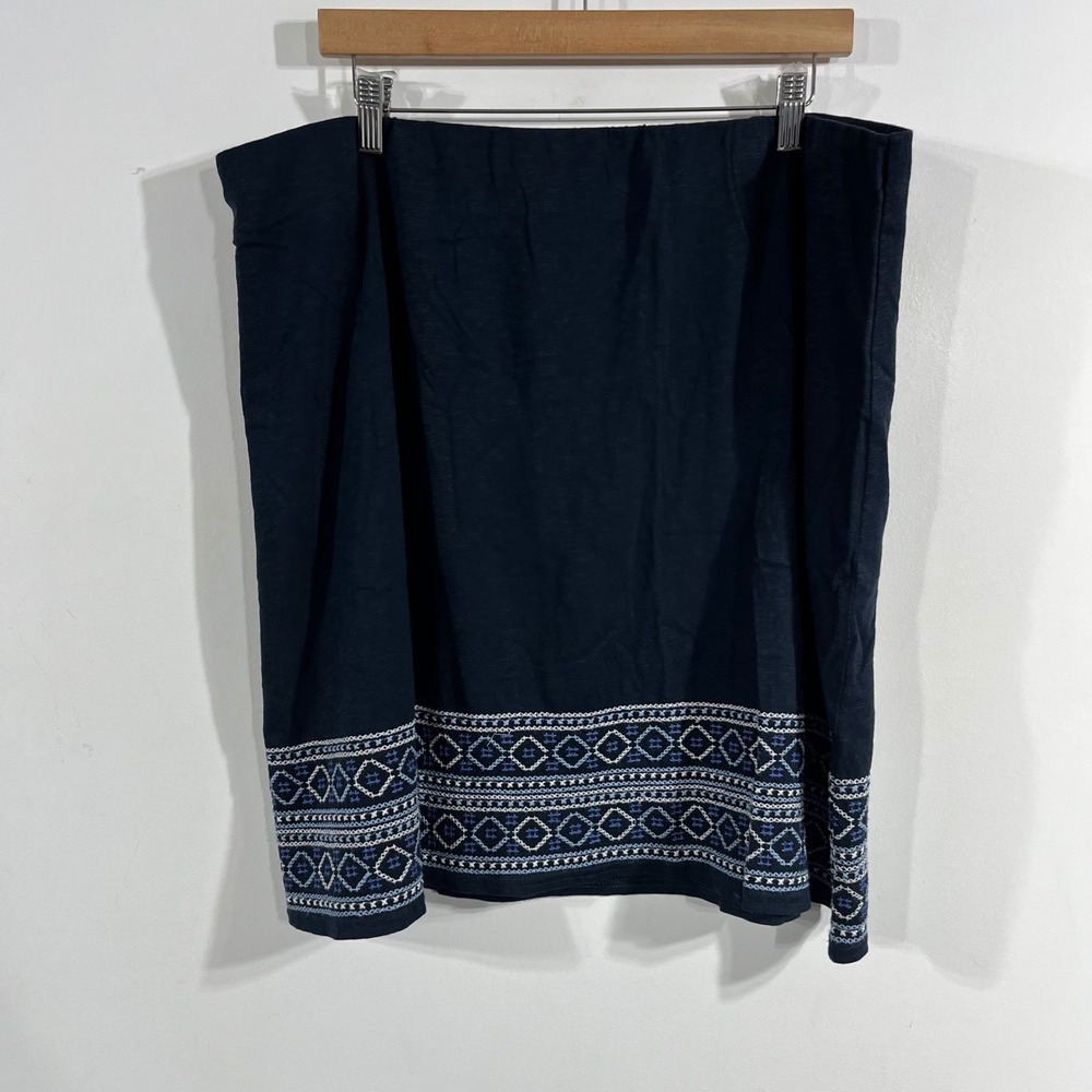 J. Jill Navy Blue Slub Cotton Embroidered Hem A-Line Skirt XL Petite Artsy NWT